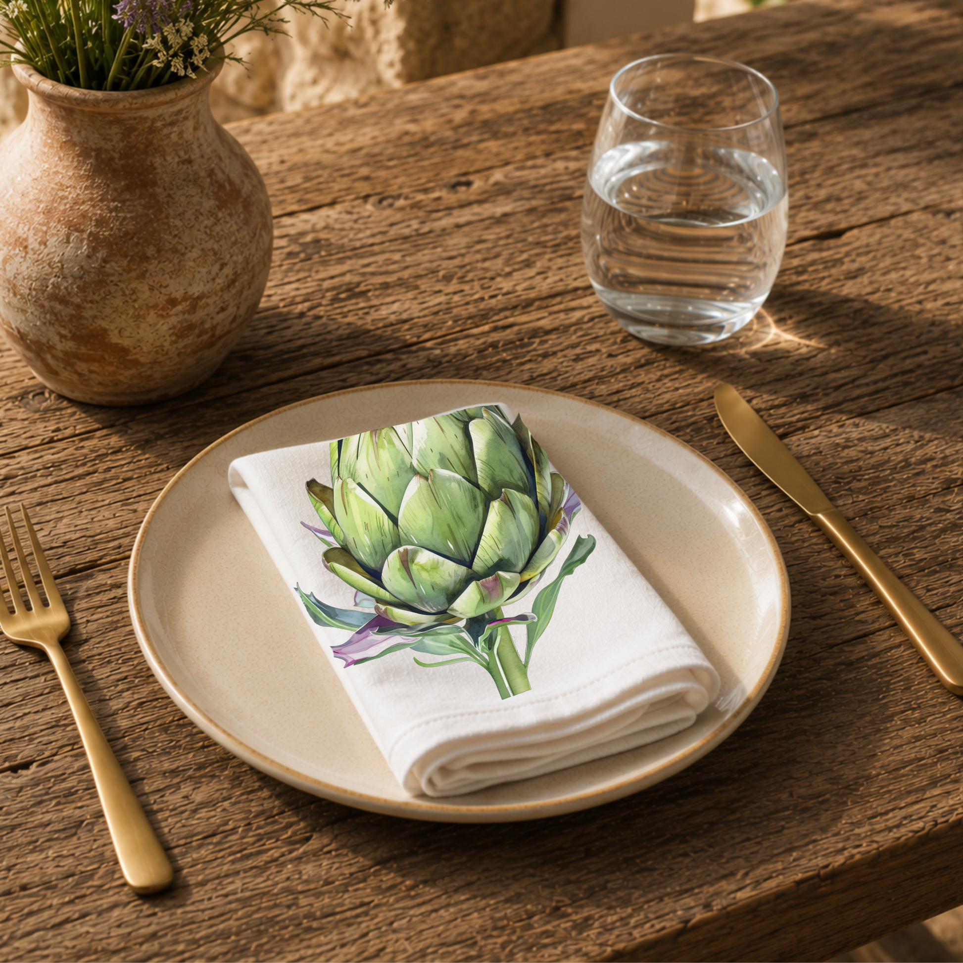 Artichoke napkin on a cream plate with a glass of water and a terracotta vase of Mediterranean wildflowers
