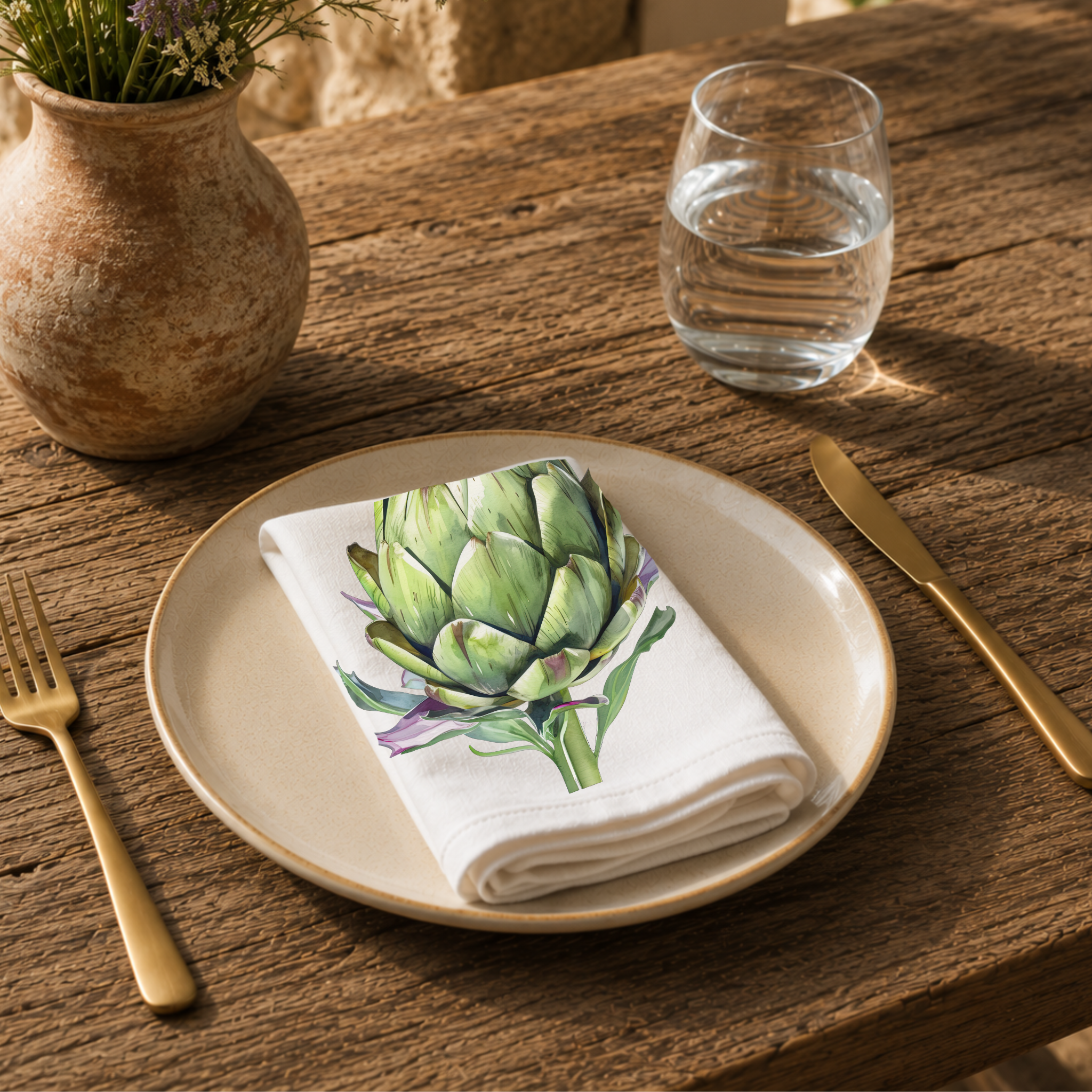 Artichoke napkin on a cream plate with a glass of water and a terracotta vase of Mediterranean wildflowers