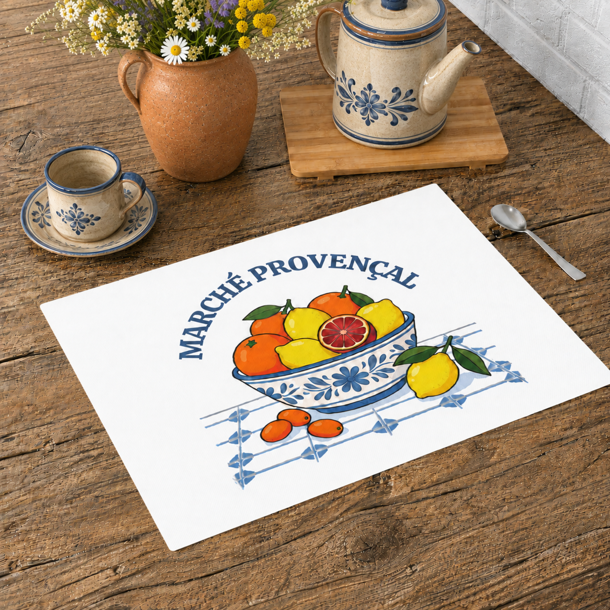 Marché Provençal placemat on a wooden table with a jug, a cup and a terracotta pot of yellow flowers