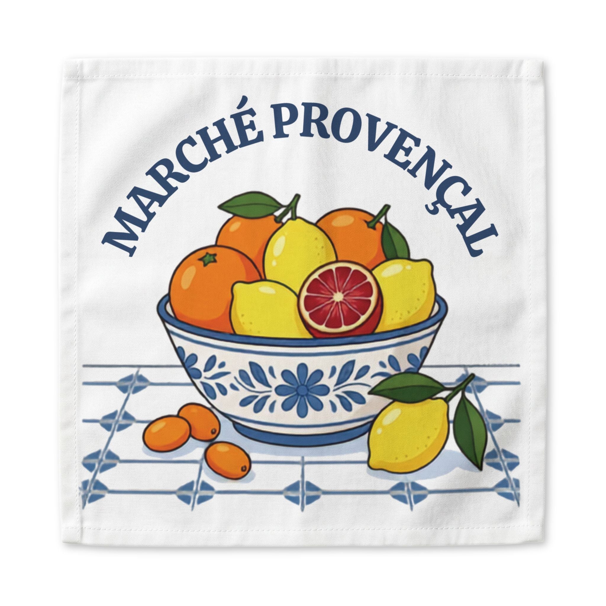 Marché Provençal dinner napkin, 22 inch, the blue and white bowl of oranges and lemons centered on white cotton