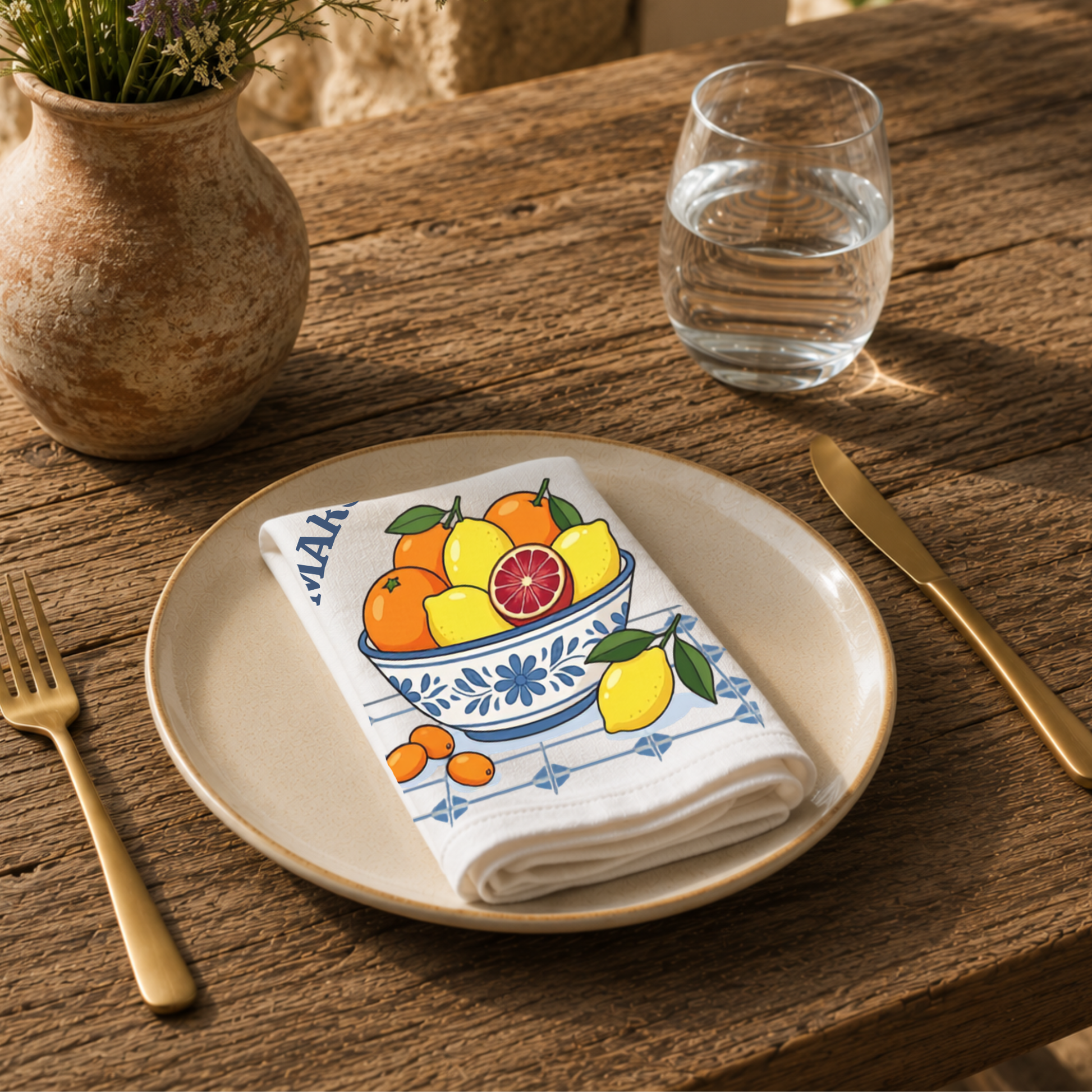 Marché Provençal napkin on a cream plate with a glass of water and a terracotta vase of Mediterranean wildflowers