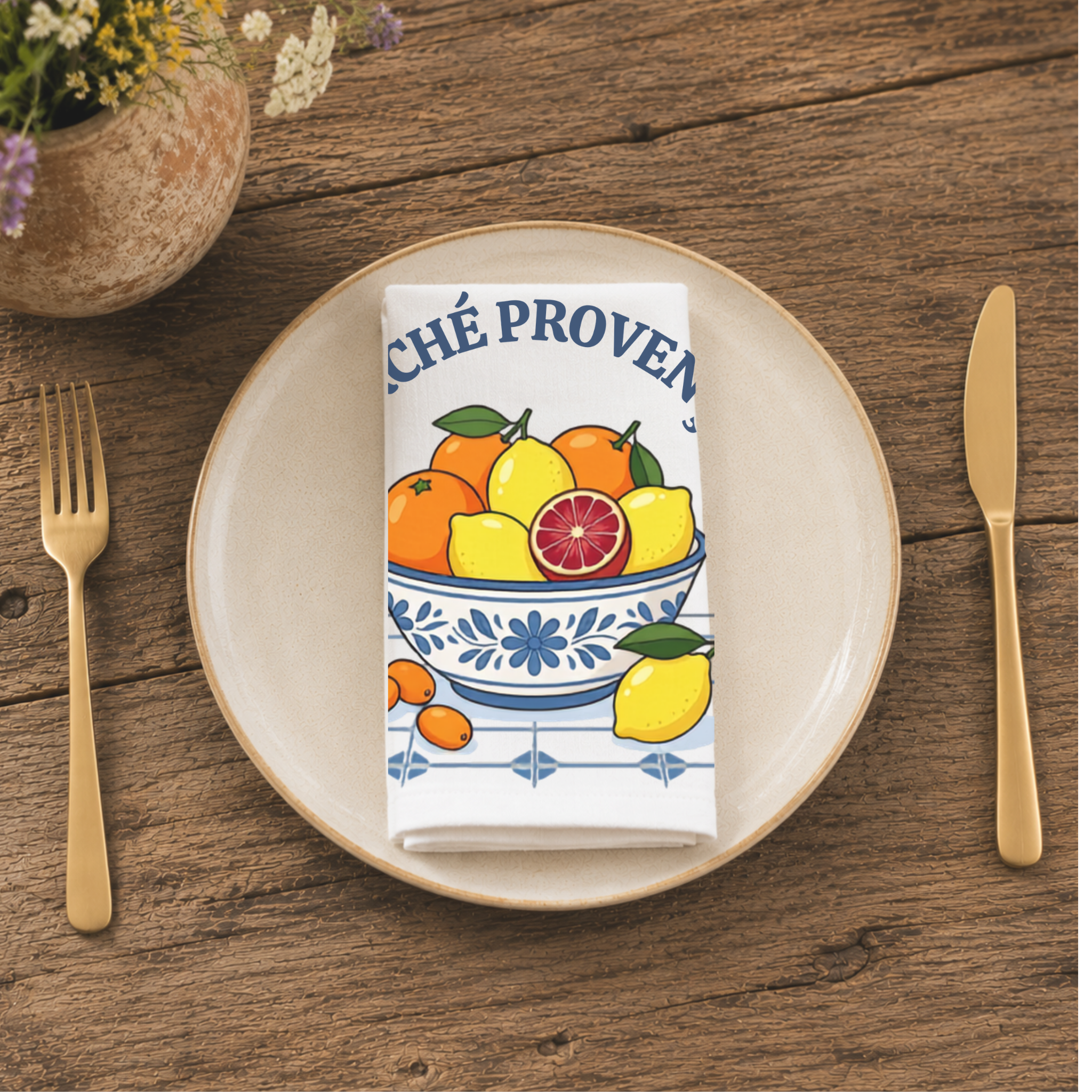 Marché Provençal napkin folded on a cream plate between gold cutlery, beside a terracotta vase of Mediterranean wildflowers