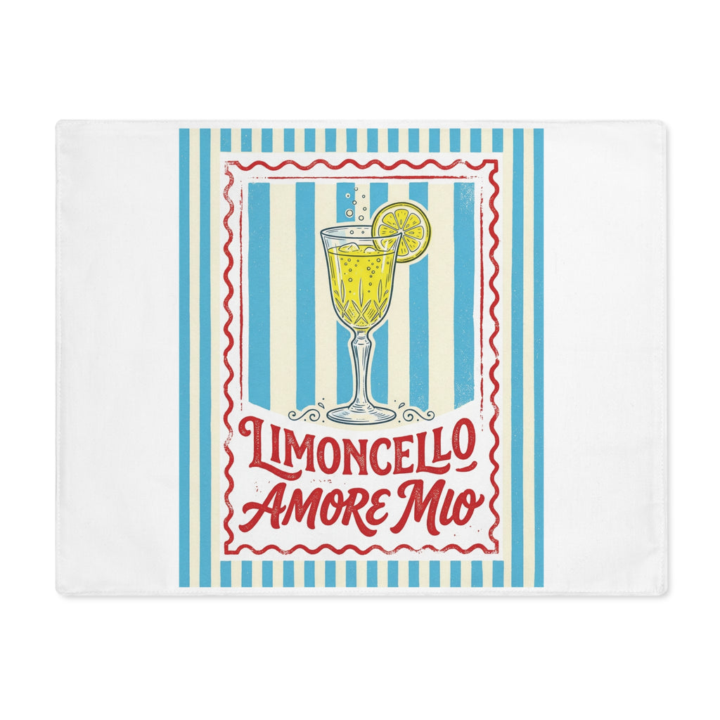 Limoncello Amore Mio placemat, showing a red-framed label with a limoncello coupe on blue and cream stripes
