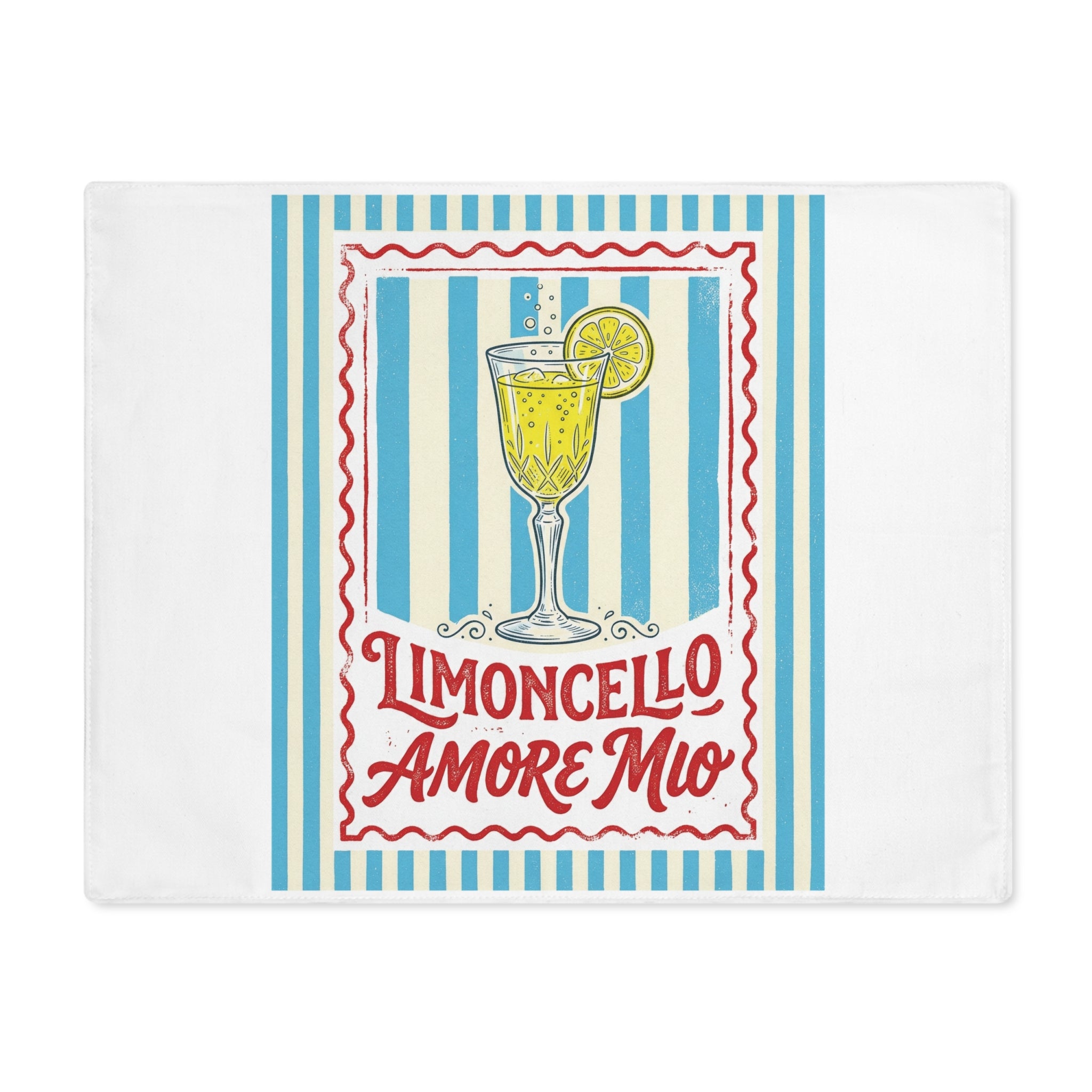 Limoncello Amore Mio placemat, showing a red-framed label with a limoncello coupe on blue and cream stripes