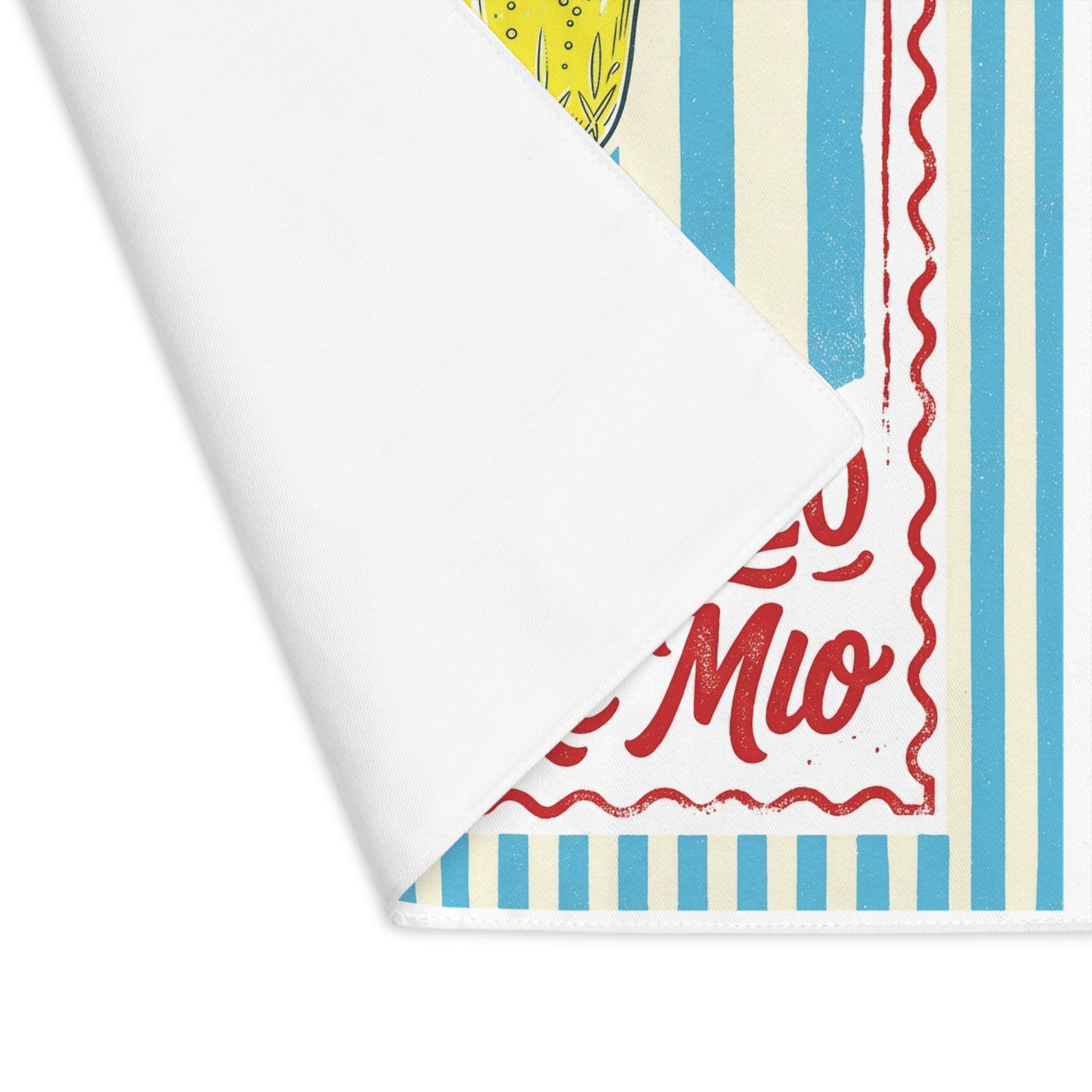 Limoncello Amore Mio placemat with one corner turned back, showing the hemmed edge and the plain reverse