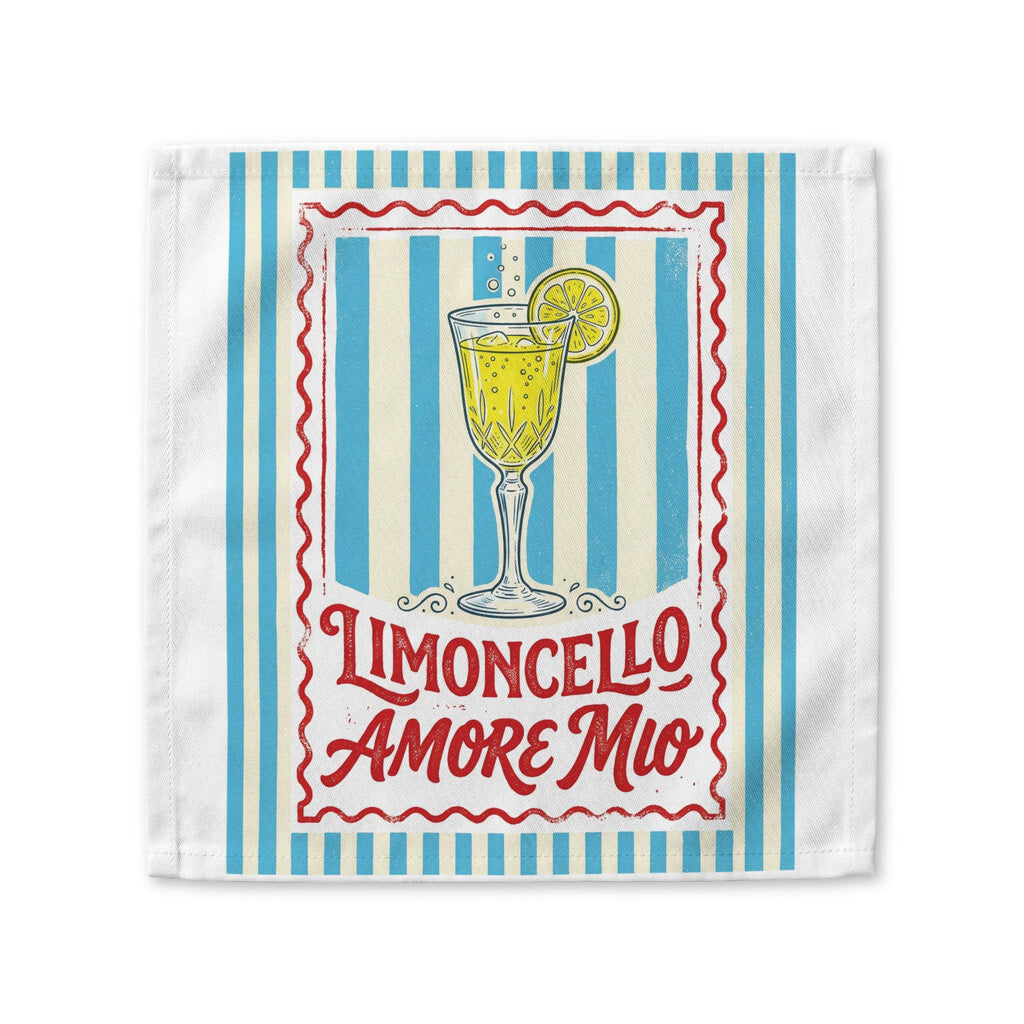 Limoncello Amore Mio cloth napkin, showing a red-framed label with a limoncello coupe on blue and cream stripes