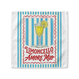 Limoncello Amore Mio cloth napkin, showing a red-framed label with a limoncello coupe on blue and cream stripes