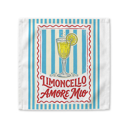 Limoncello Amore Mio cloth napkin, showing a red-framed label with a limoncello coupe on blue and cream stripes