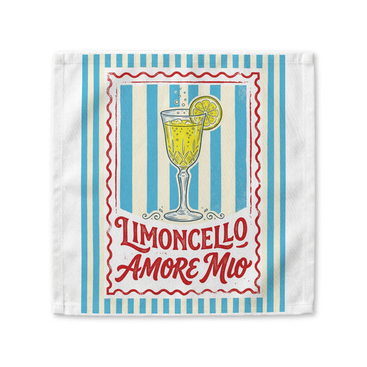 Limoncello Amore Mio cloth napkin, showing a red-framed label with a limoncello coupe on blue and cream stripes