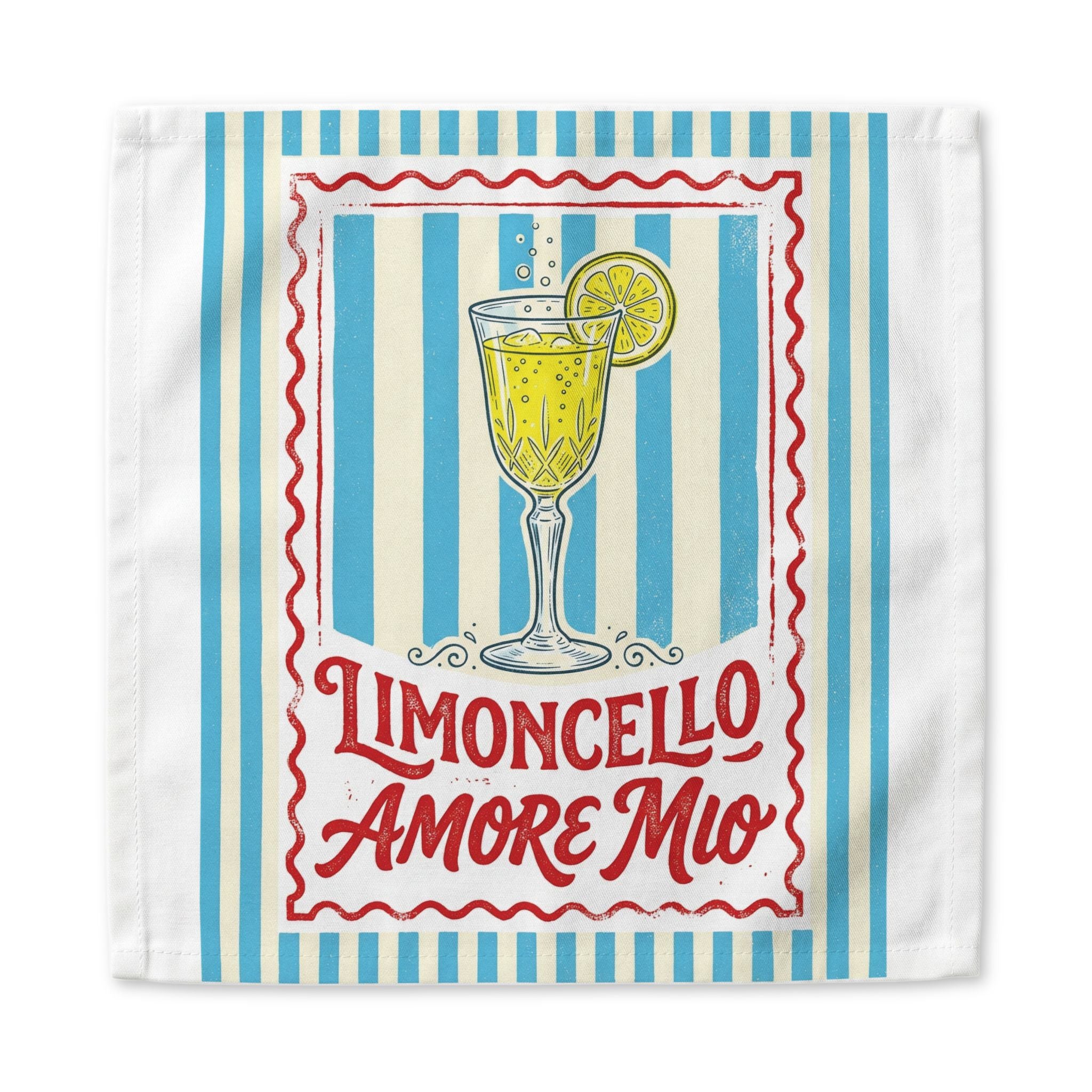 Limoncello Amore Mio dinner napkin, 22 inch, the red-framed label on blue and cream stripes centered on white cotton