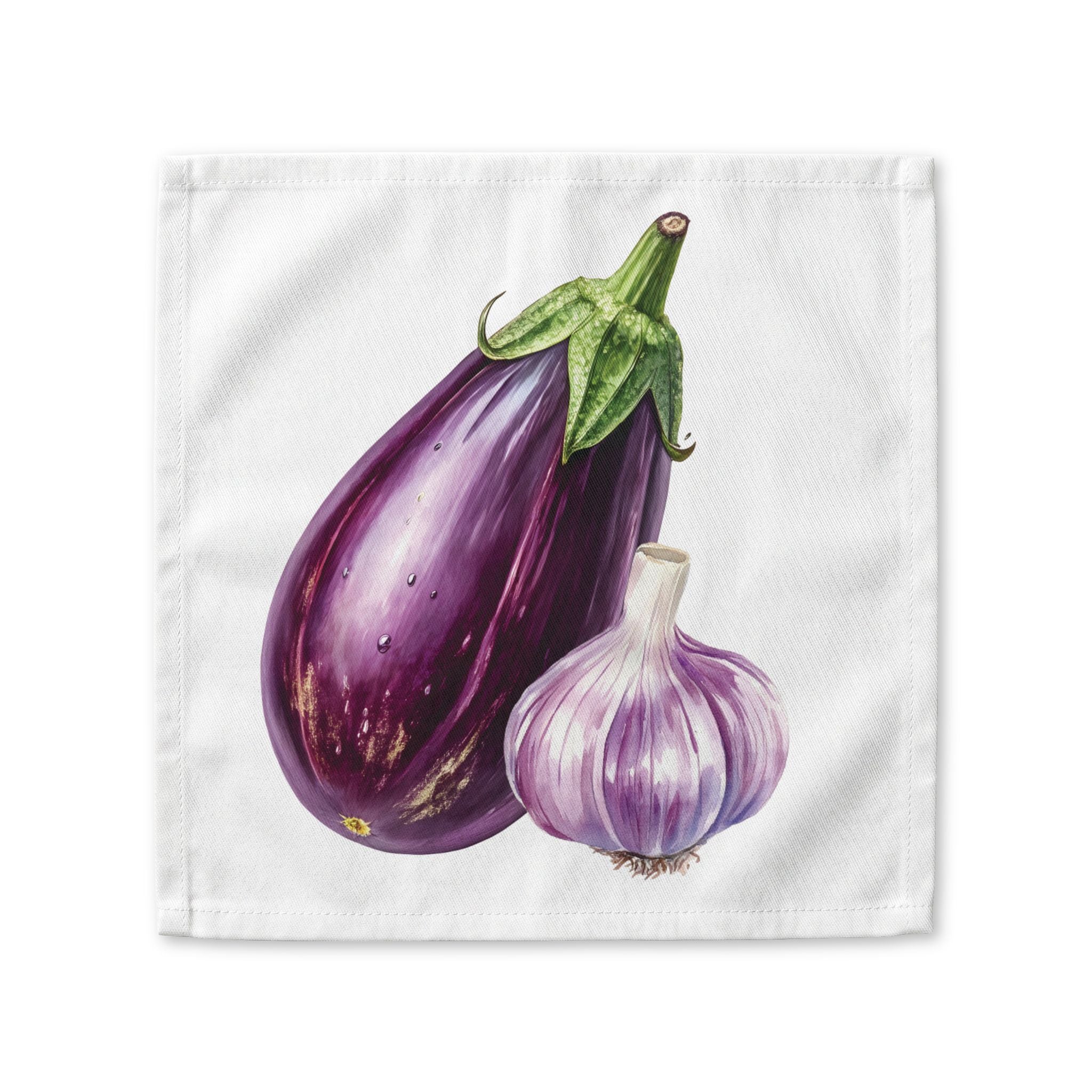 Eggplant and Garlic cloth napkin, showing a single purple eggplant with a garlic bulb beside it on white cotton twill