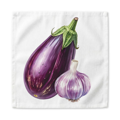Eggplant and Garlic dinner napkin, 22 inch, the purple eggplant and garlic bulb centered on white cotton with hemmed edges