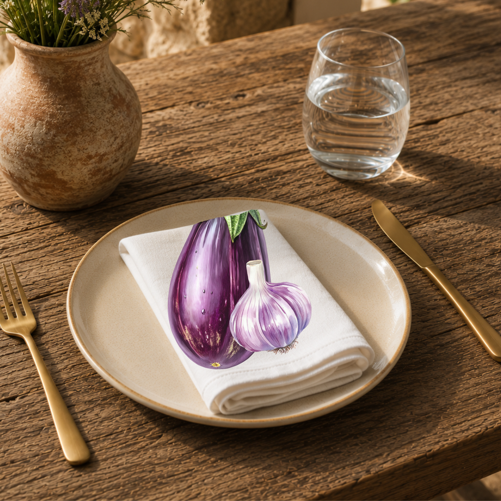Eggplant and Garlic napkin on a cream plate with a glass of water and a terracotta vase of Mediterranean wildflowers