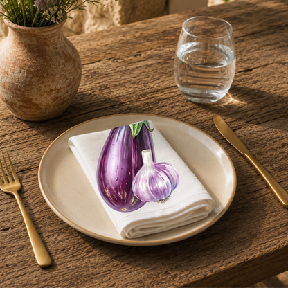 Eggplant and Garlic napkin on a cream plate with a glass of water and a terracotta vase of Mediterranean wildflowers
