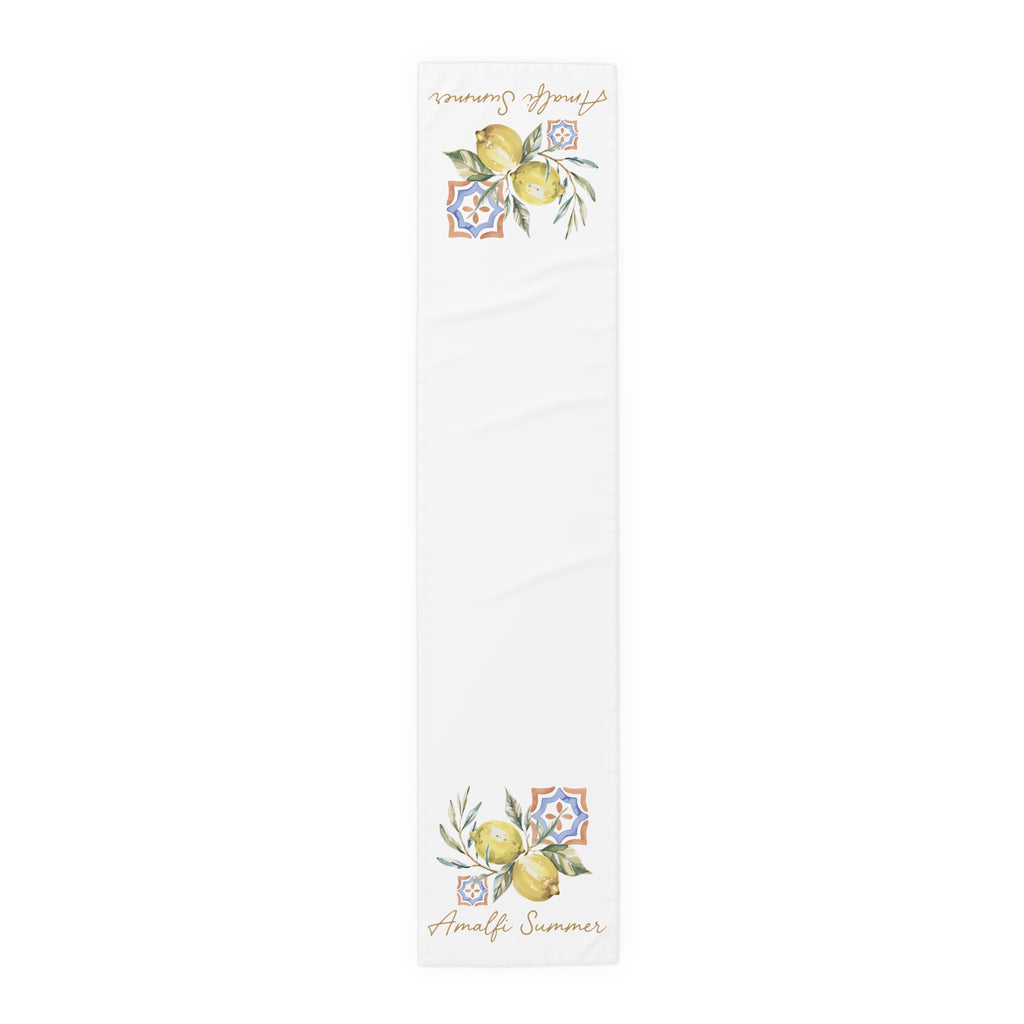 Amalfi Summer table runner in cotton twill, 16 by 72 inches, lemons on the branch with blue and orange majolica tiles