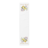 Amalfi Summer table runner in cotton twill, 16 by 72 inches, lemons on the branch with blue and orange majolica tiles