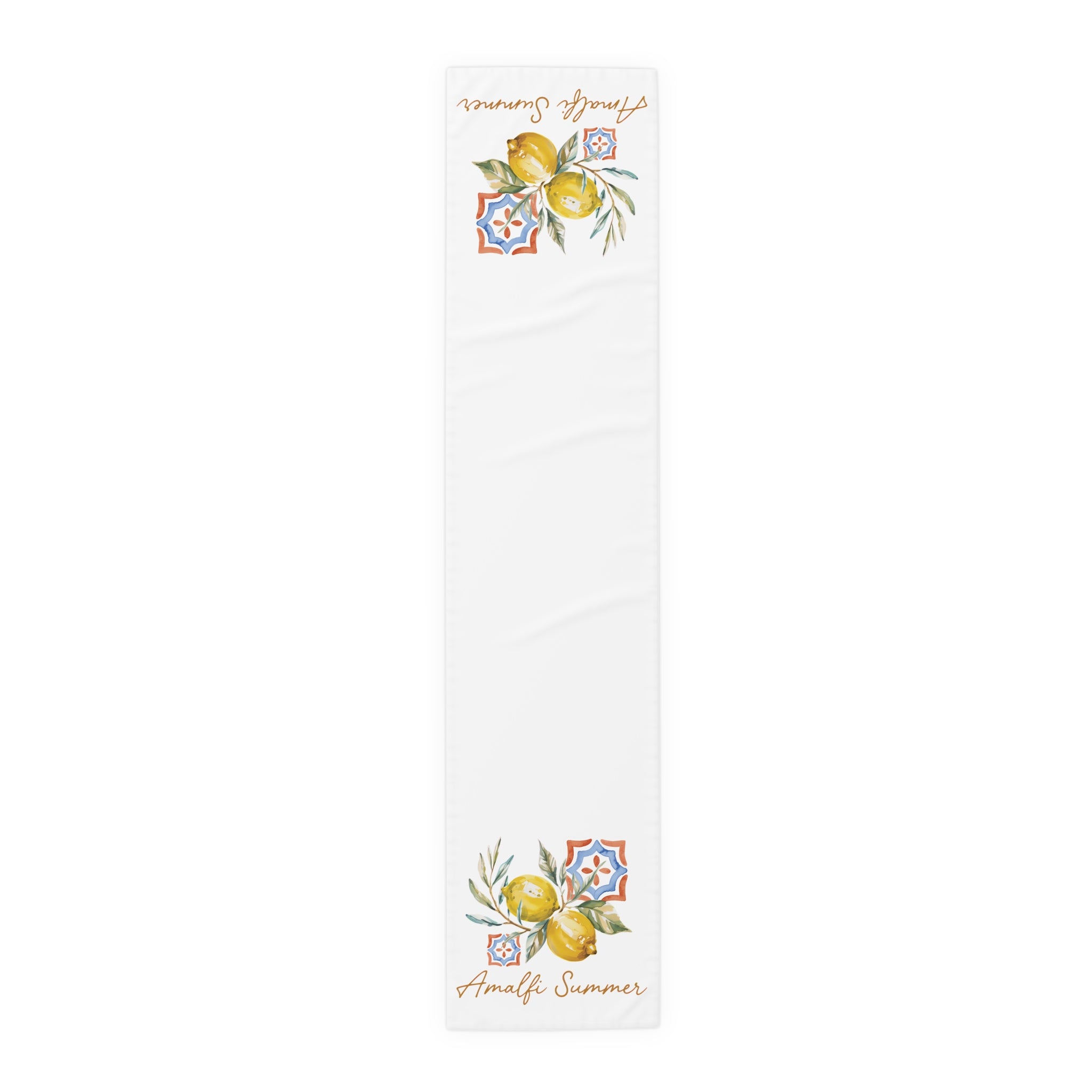 Amalfi Summer table runner in polyester, 16 by 72 inches, lemons on the branch with blue and orange majolica tiles