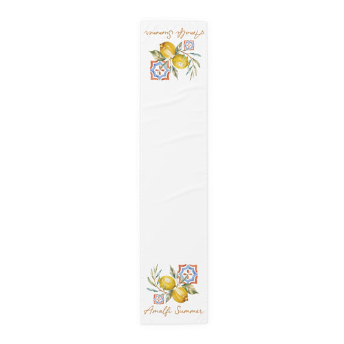 Amalfi Summer table runner in polyester, 16 by 72 inches, lemons on the branch with blue and orange majolica tiles