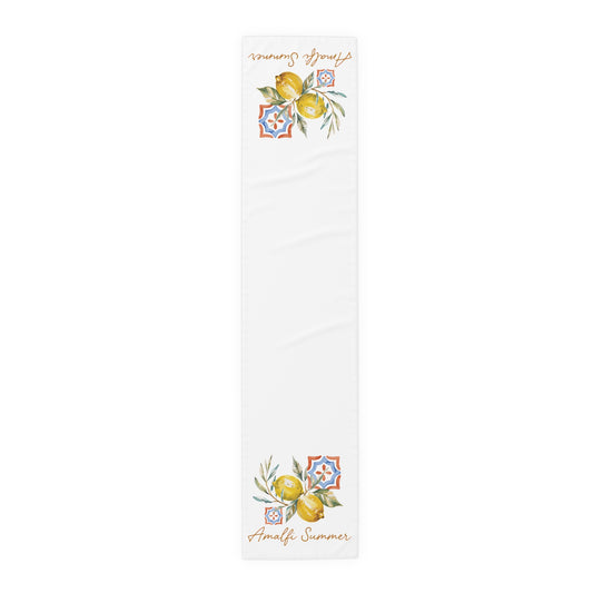 Amalfi Summer table runner in polyester, 16 by 72 inches, lemons on the branch with blue and orange majolica tiles
