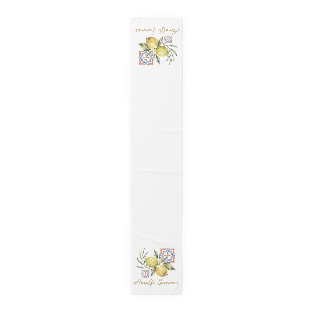 Amalfi Summer table runner in cotton twill, 16 by 90 inches, the longer size with the same lemon and tile print