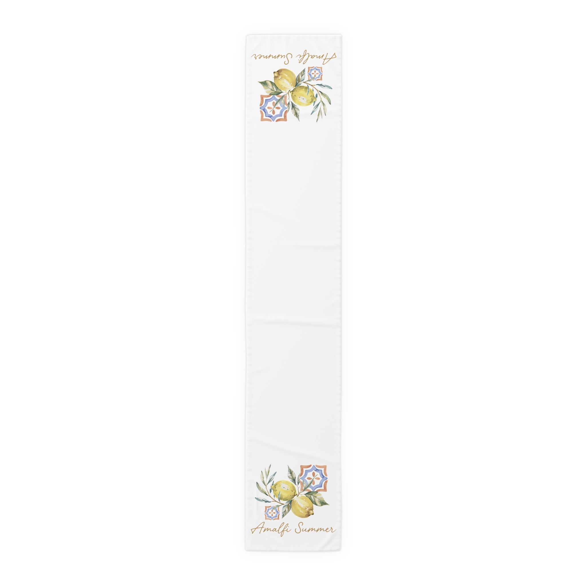 Amalfi Summer table runner in cotton twill, 16 by 90 inches, the longer size with the same lemon and tile print