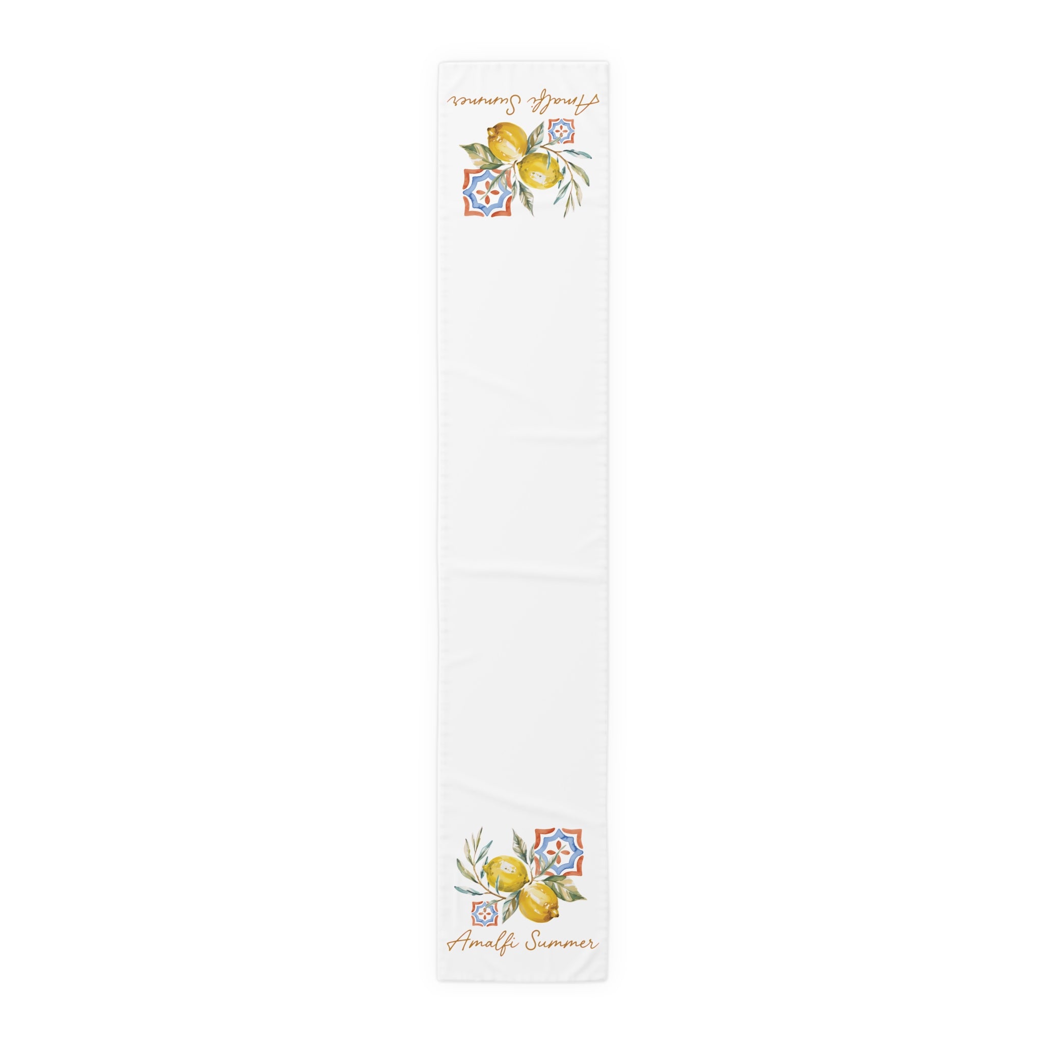 Amalfi Summer table runner in polyester, 16 by 90 inches, the longer size with the same lemon and tile print