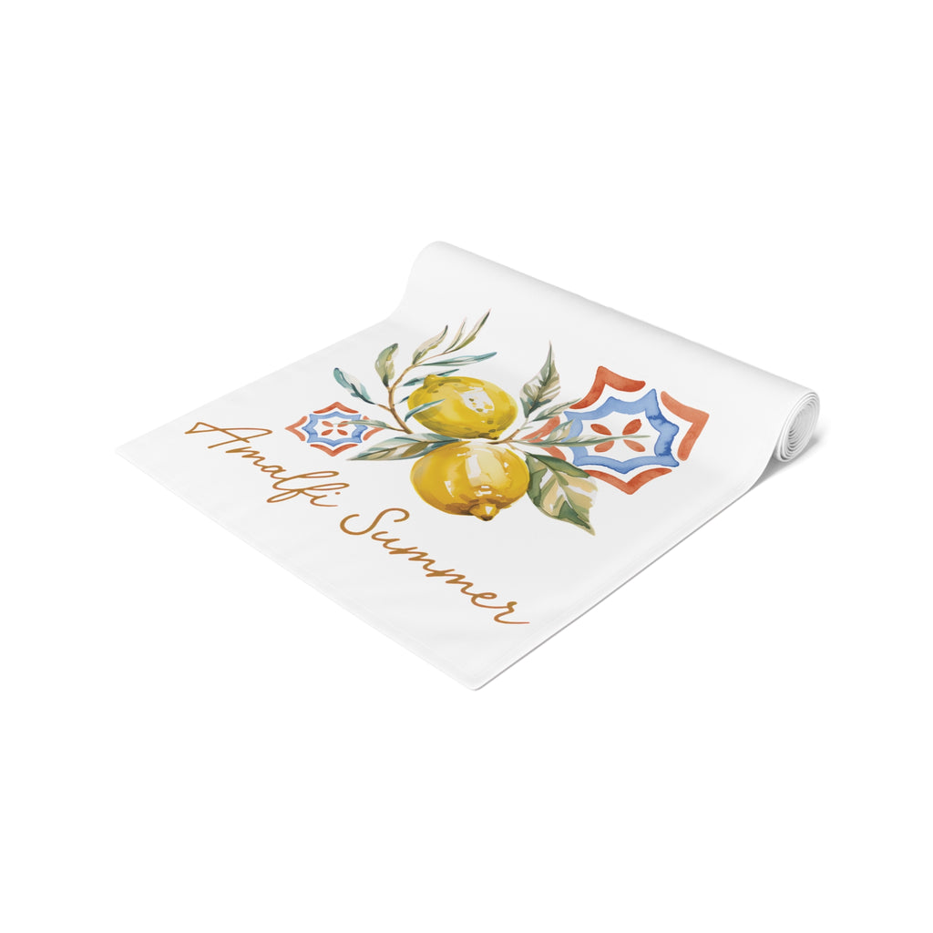 Amalfi Summer table runner folded, showing the lemons and majolica tiles up close