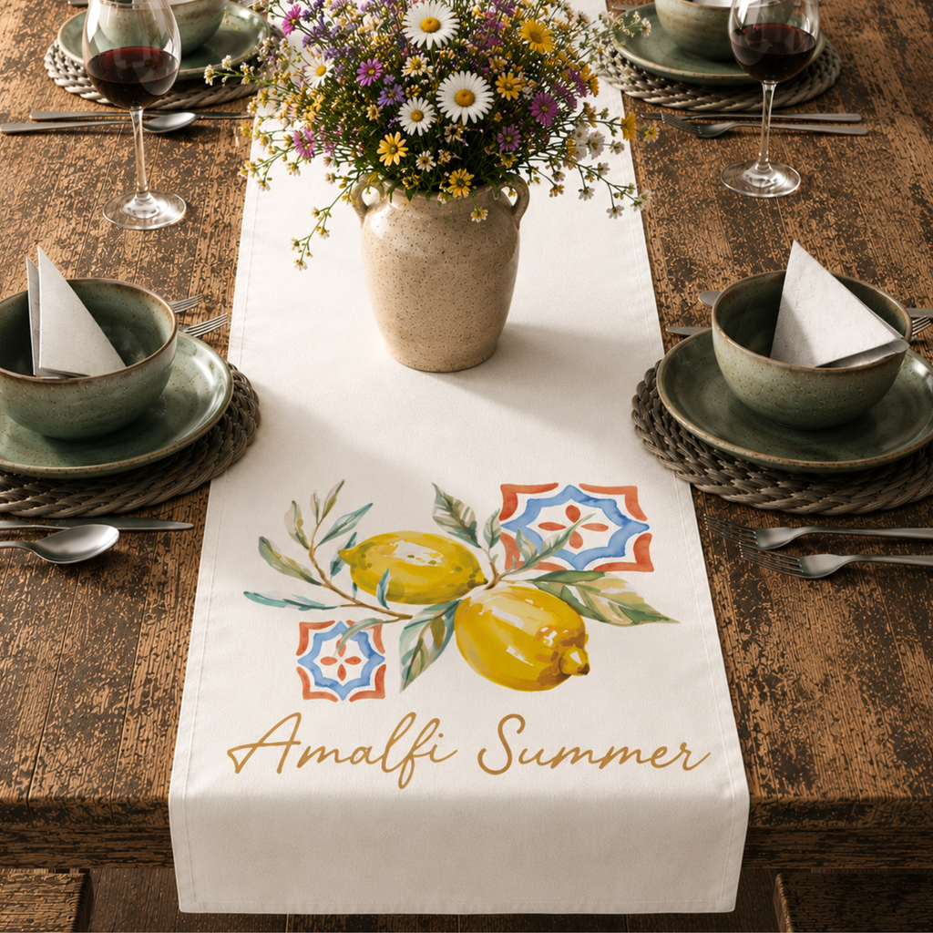 Amalfi Summer table runner on a rustic wooden table with a vase of yellow flowers