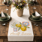 Amalfi Summer table runner on a rustic wooden table with a vase of yellow flowers