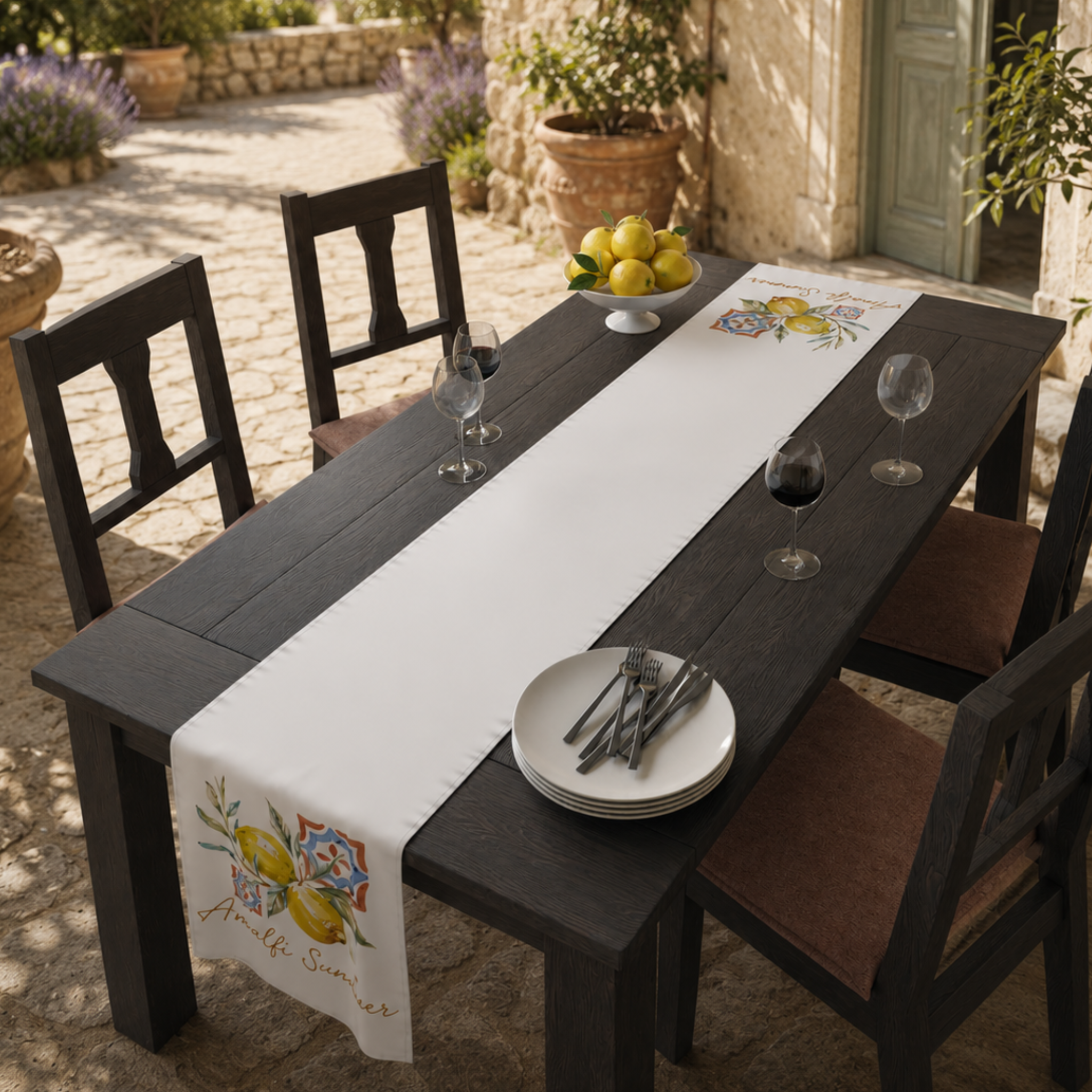 Amalfi Summer table runner on a dark table against a stone wall, set with plates