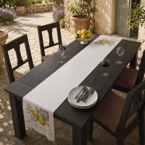 Amalfi Summer table runner on a dark table against a stone wall, set with plates