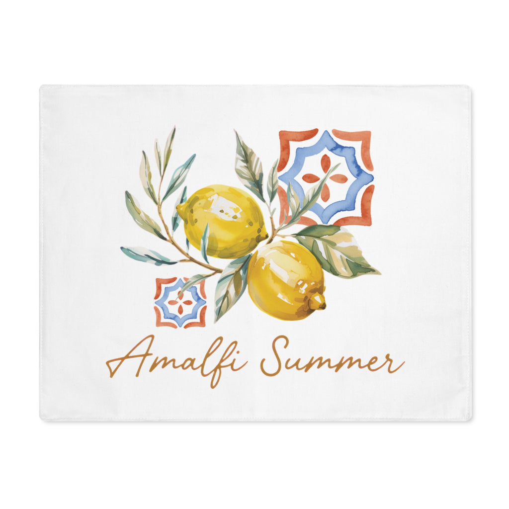 Amalfi Summer placemat, showing lemons on the branch with blue and orange majolica tiles and the Amalfi Summer lettering