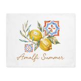Amalfi Summer placemat, showing lemons on the branch with blue and orange majolica tiles and the Amalfi Summer lettering