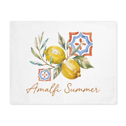 Amalfi Summer placemat, showing lemons on the branch with blue and orange majolica tiles and the Amalfi Summer lettering
