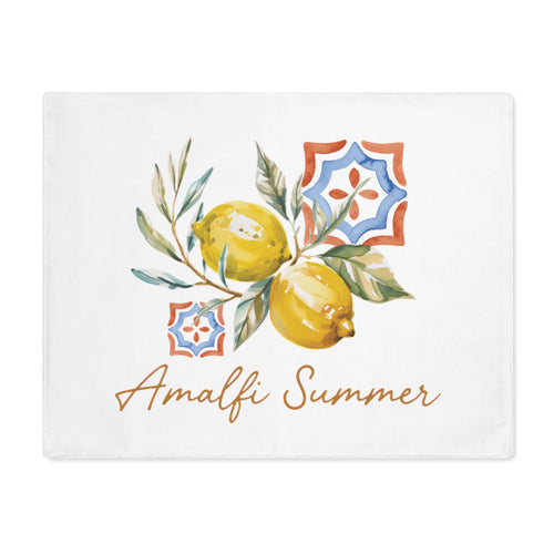 Amalfi Summer placemat, showing lemons on the branch with blue and orange majolica tiles and the Amalfi Summer lettering