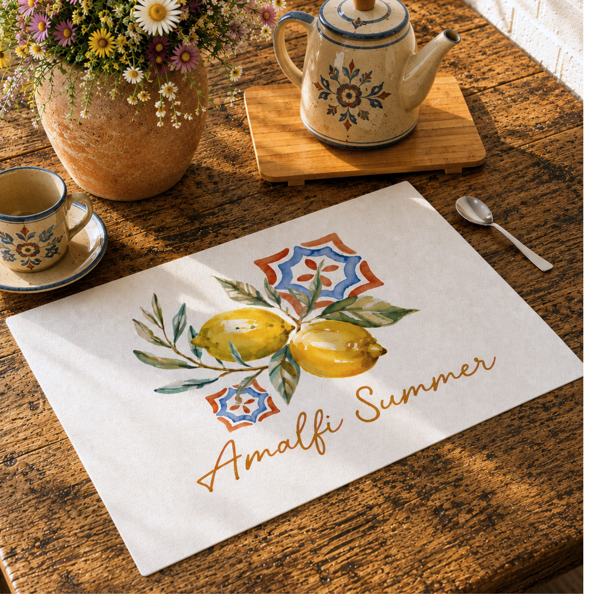 Amalfi Summer placemat on a dark wooden table with cutlery and a terracotta pot of greenery