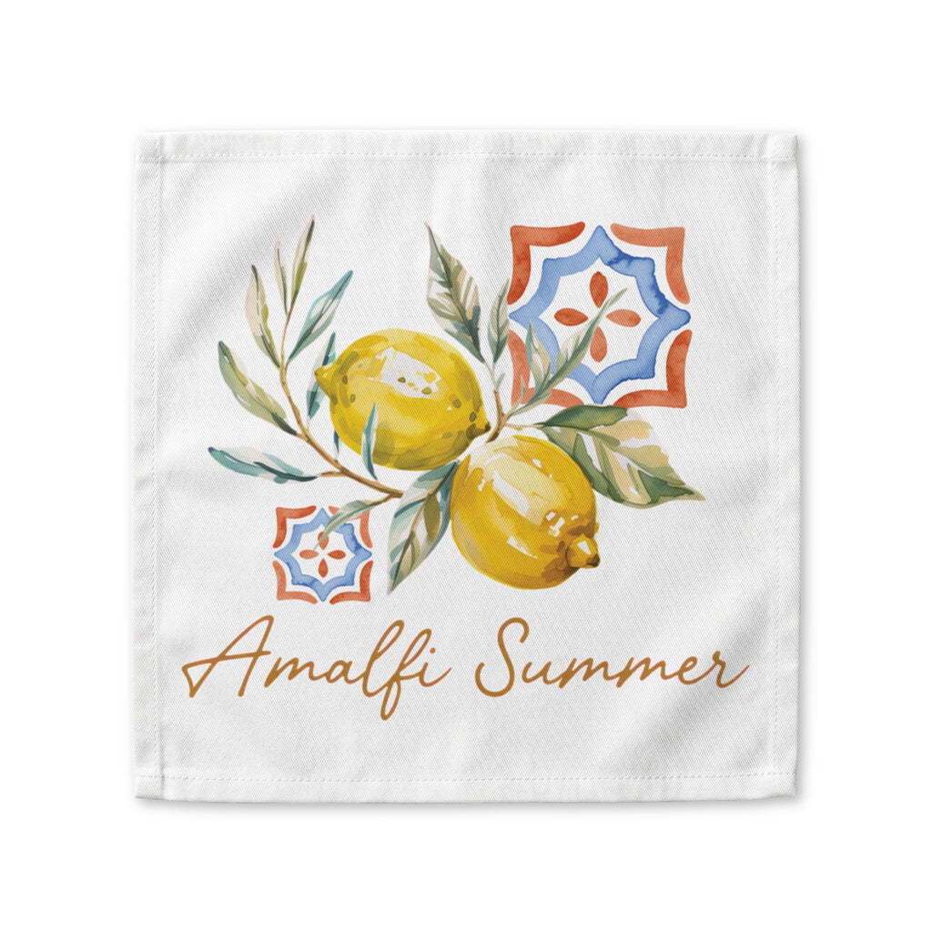 Amalfi Summer cloth napkin, showing lemons on the branch with blue and orange majolica tiles and the Amalfi Summer lettering
