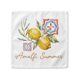 Amalfi Summer cloth napkin, showing lemons on the branch with blue and orange majolica tiles and the Amalfi Summer lettering