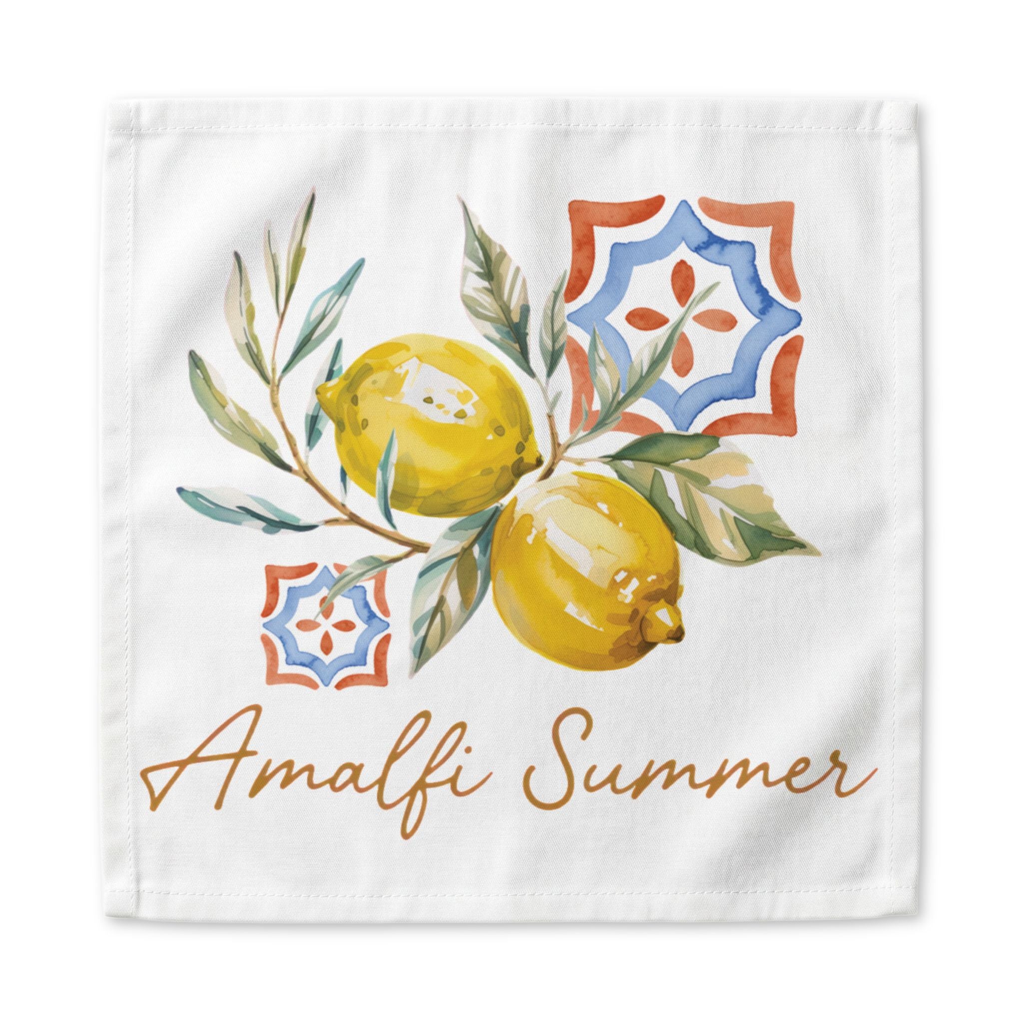 Amalfi Summer dinner napkin, 22 inch, the lemons and majolica tiles centered on white cotton with hemmed edges