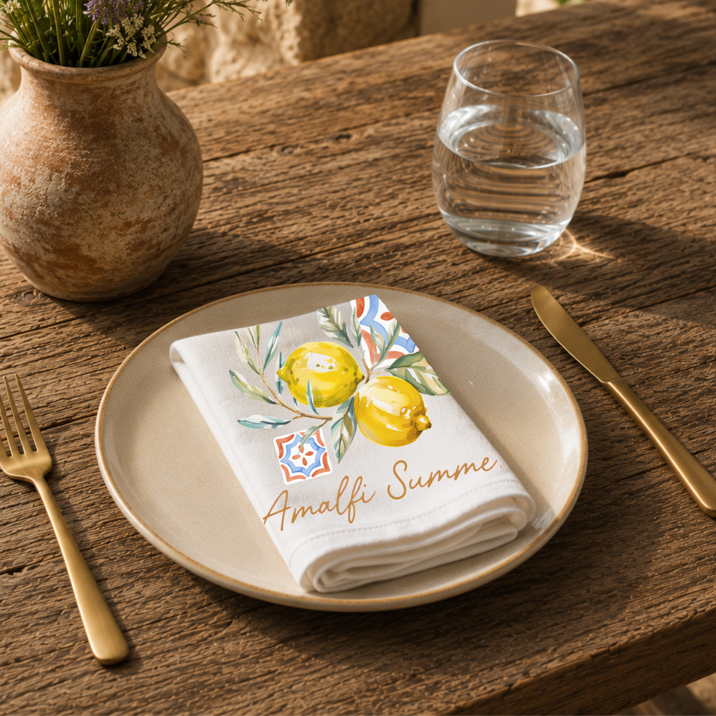 Amalfi Summer napkin on a cream plate with a glass of water and a terracotta vase of Mediterranean wildflowers