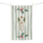 Angels and holly Christmas tea towel on a washing line, shown flat with the angel and red-berried holly on a soft green stripe