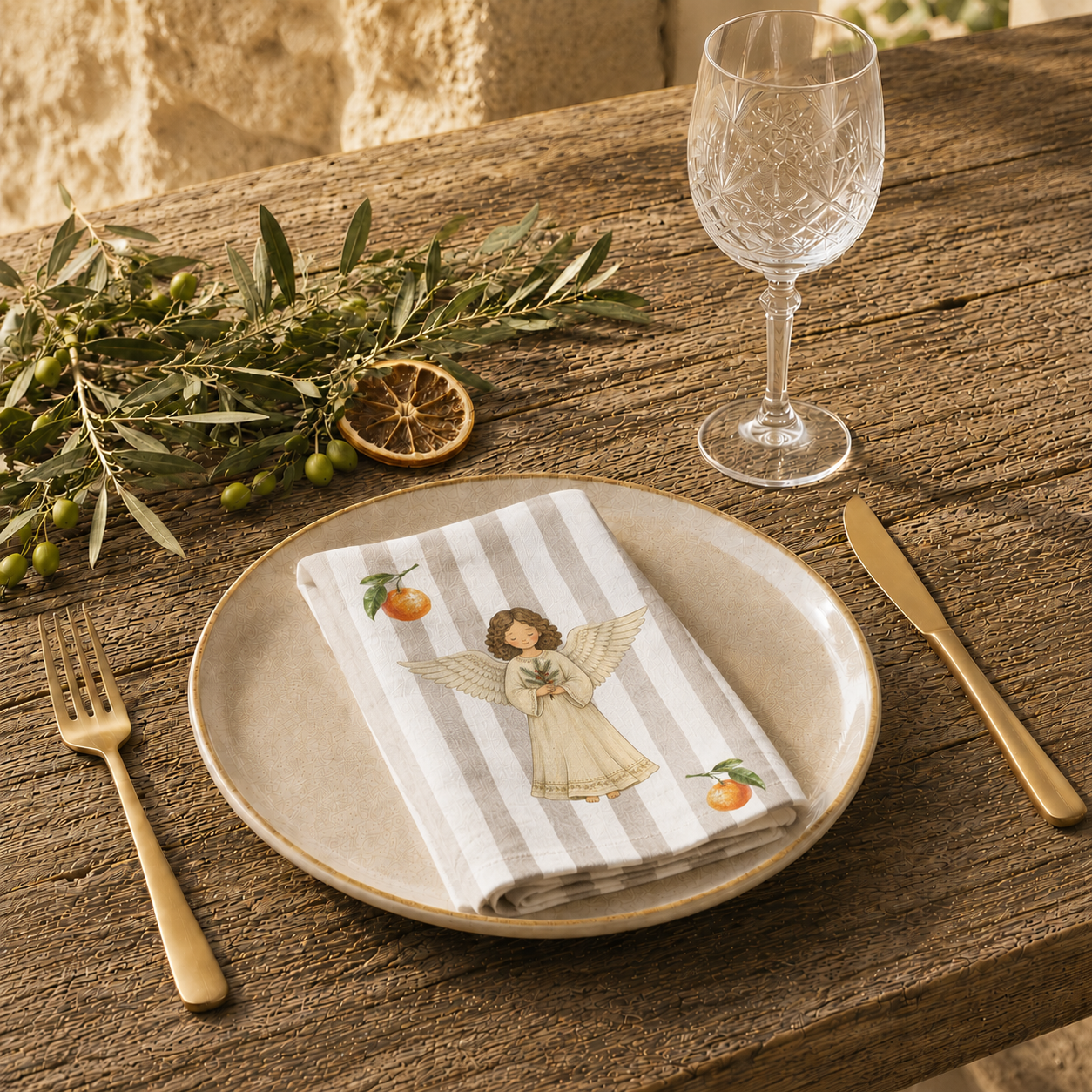 Angels and oranges napkin folded on a stoneware plate in warm sunlight, with gold cutlery and a wine glass