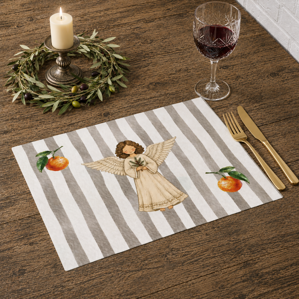 Angels and oranges placemat on a dark wooden table with gold cutlery, a glass of red wine and a lit candle