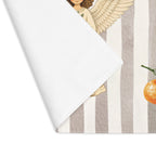 Corner of the Angels and oranges placemat folded back, showing the stitched hem and the plain white reverse