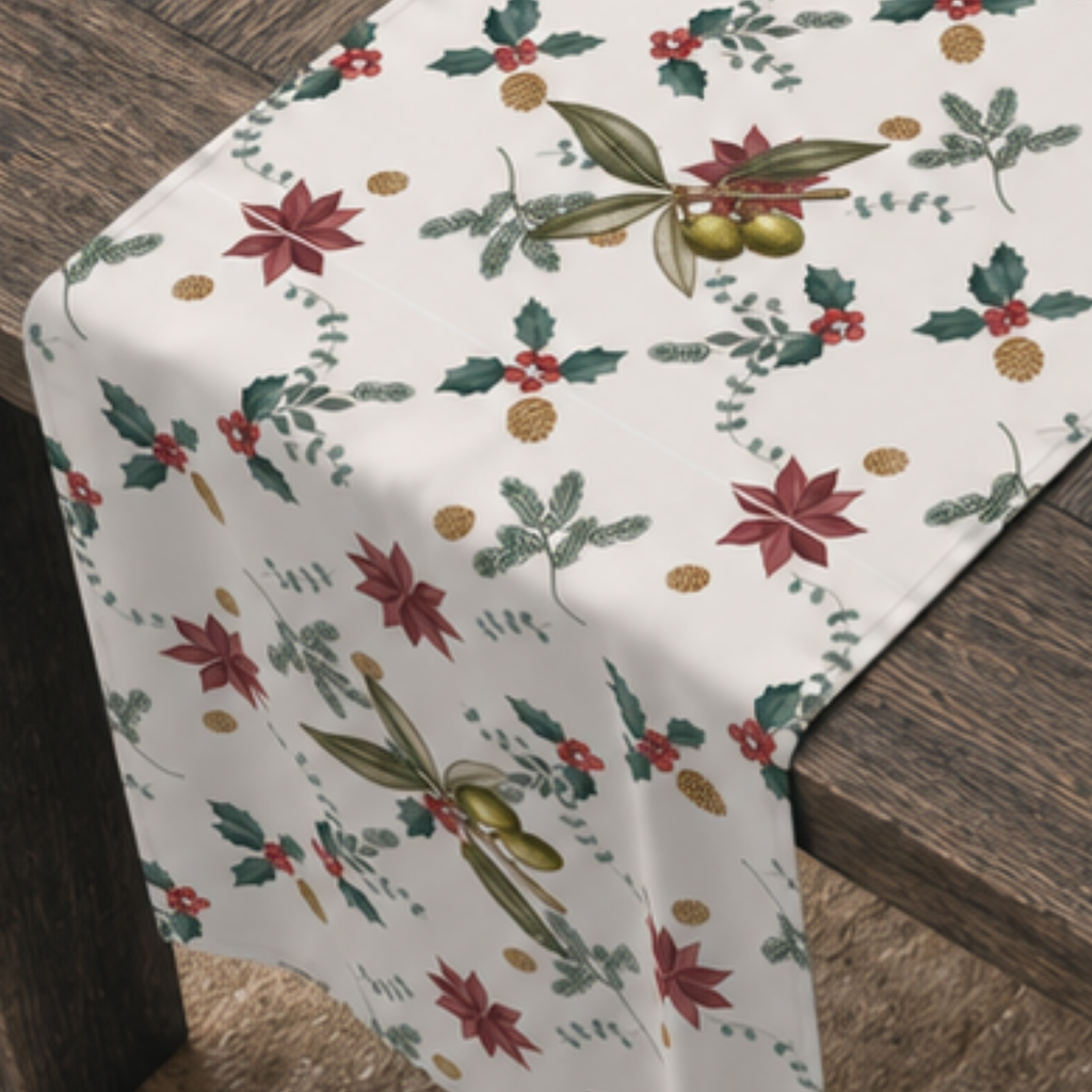 Close-up of the polyester runner draped over a table corner, showing poinsettias, holly berries, gold pine cones and olive branches