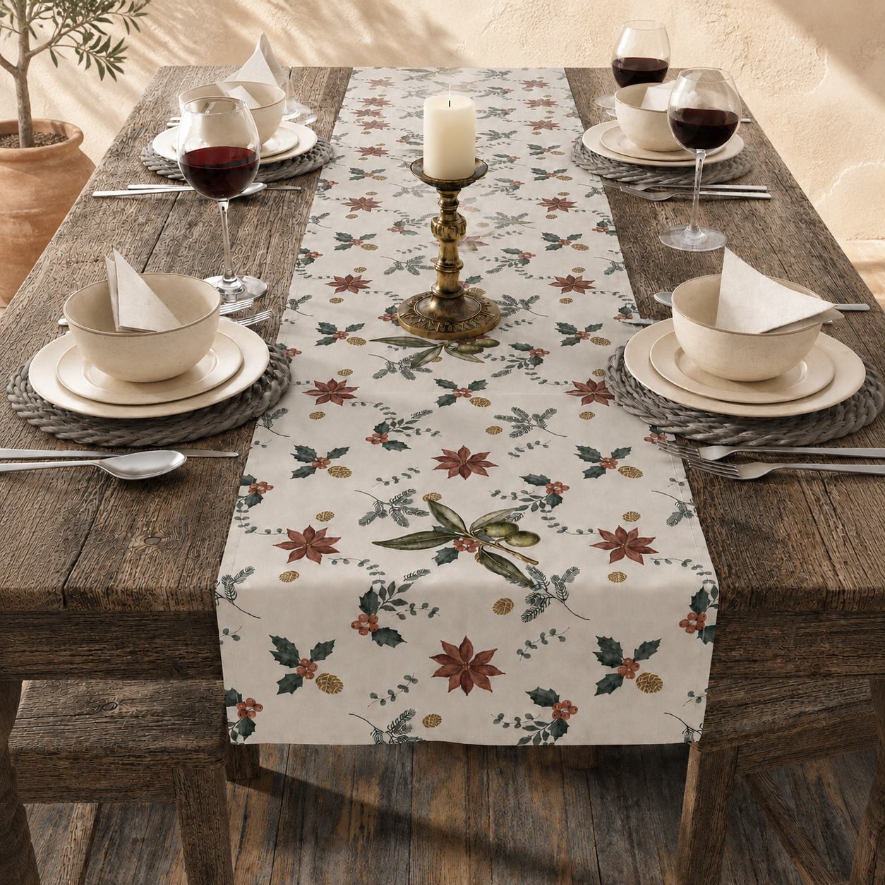 Cotton twill Christmas table runner down a rustic table set for four, with cream bowls, woven chargers and a lit candle