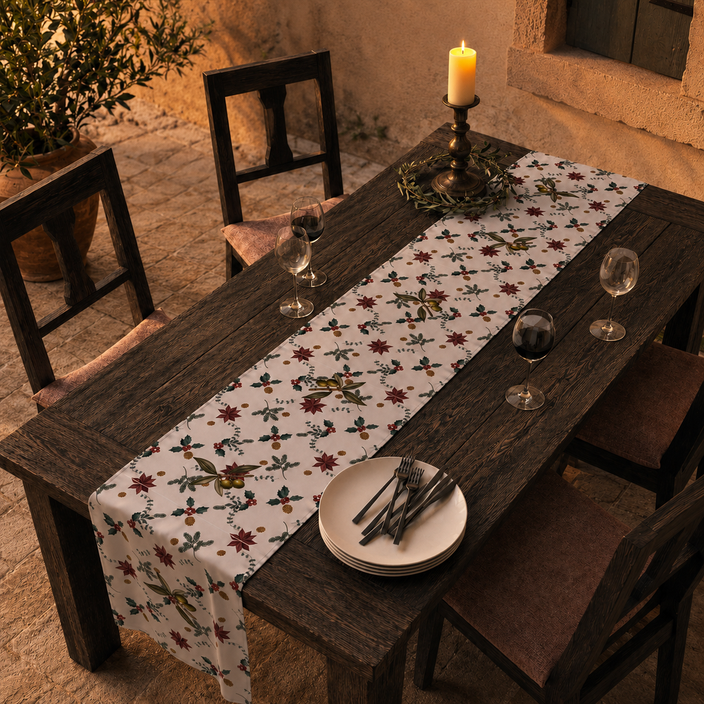 Poinsettia and olive Christmas table runner on an outdoor wood table at dusk, lit by a single candle