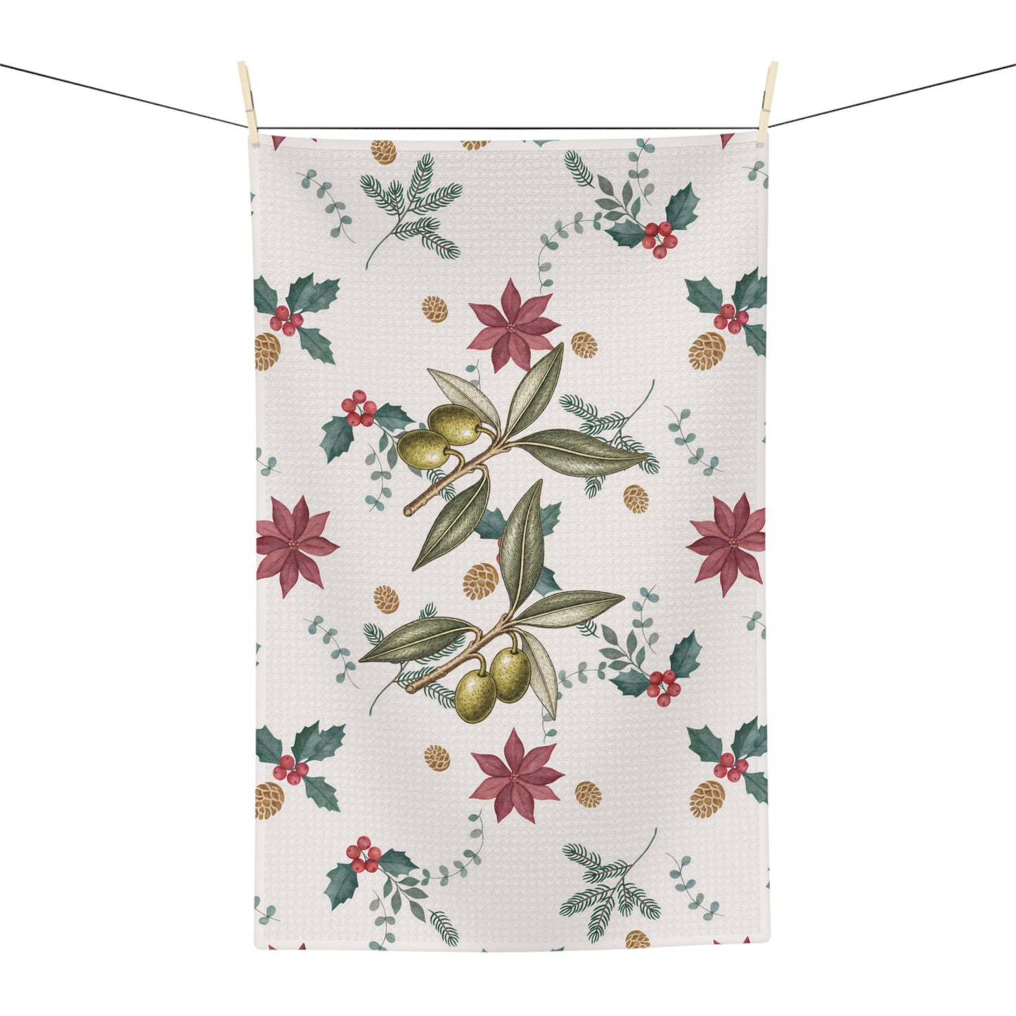 Poinsettia and olive Christmas kitchen towel hanging from a line, showing the full pattern