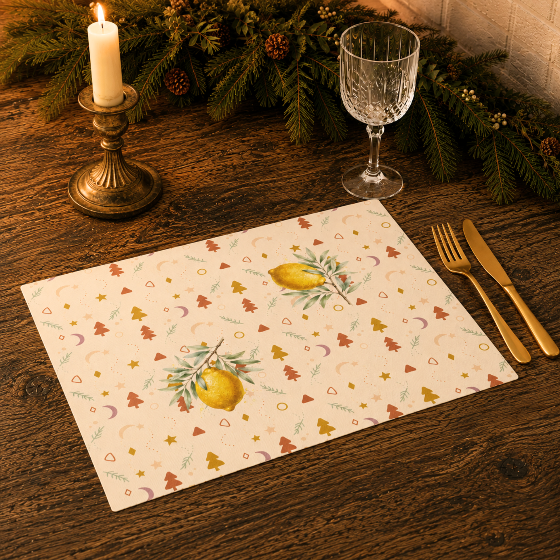 Lemon and pine Christmas placemat on a table laid for Christmas dinner, the lemons and little trees in view