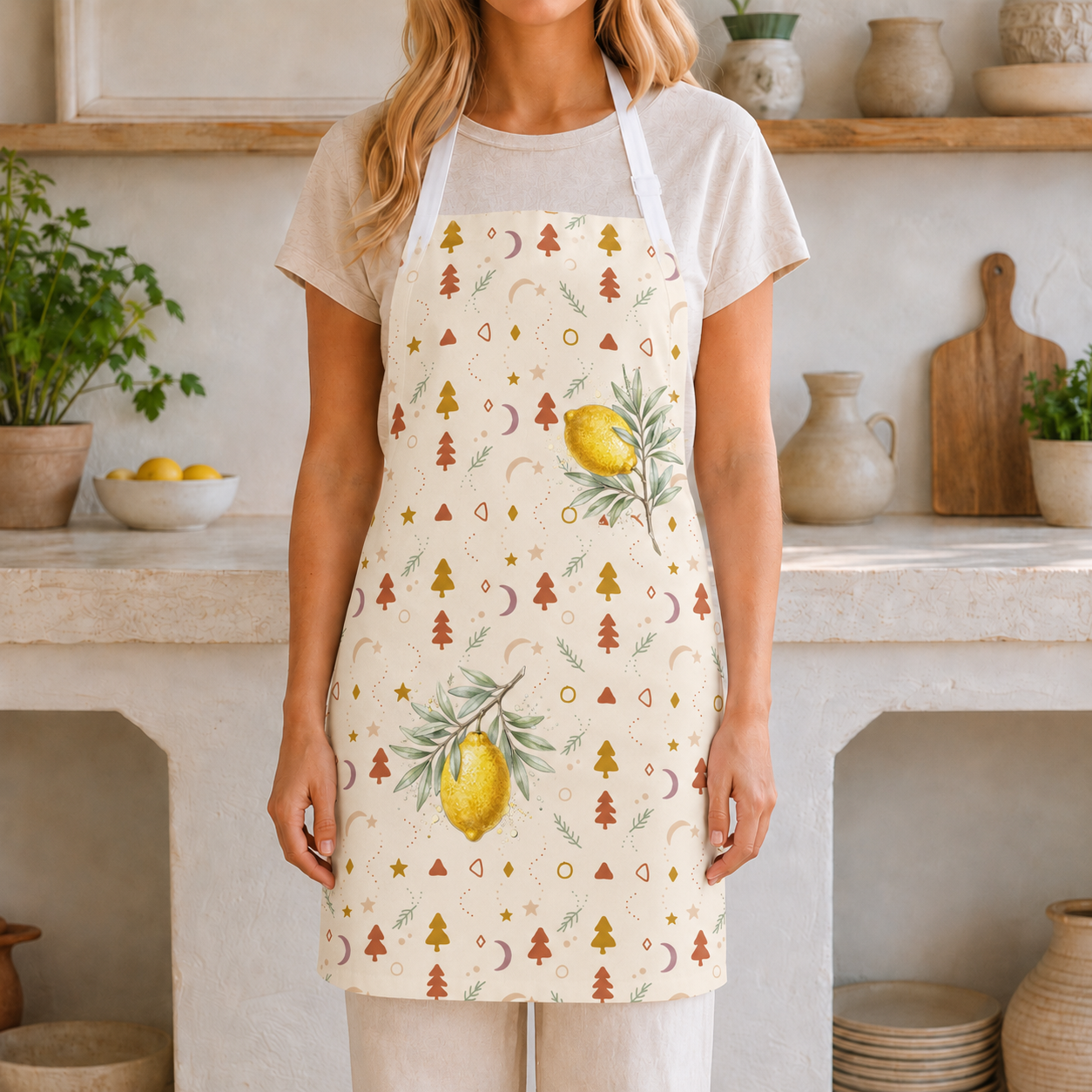 Lemon and pine Christmas apron worn in a light Mediterranean kitchen